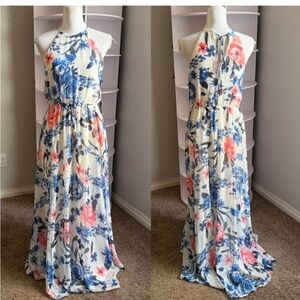 Lulu’s Floral Halter Tie Neck Maxi Dress M White Blue Pink
